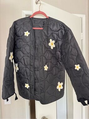 BAMABONES black liner jacket with chenille daisy appliqués. NWOT